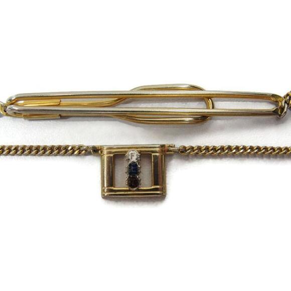 "FLT" Swank Tie Bar Chain Gold Tone Vintage Men Dress Accessories - Picture 12 of 13
